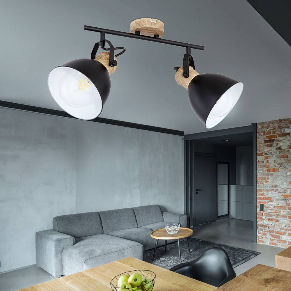 Vintage Deckenlampe Deckenleuchte dimmbar mit Fernbedienung LED Deckenstrahler, RGB Farbwechsel, Spots verstellbar, Holz Optik, Metall schwarz