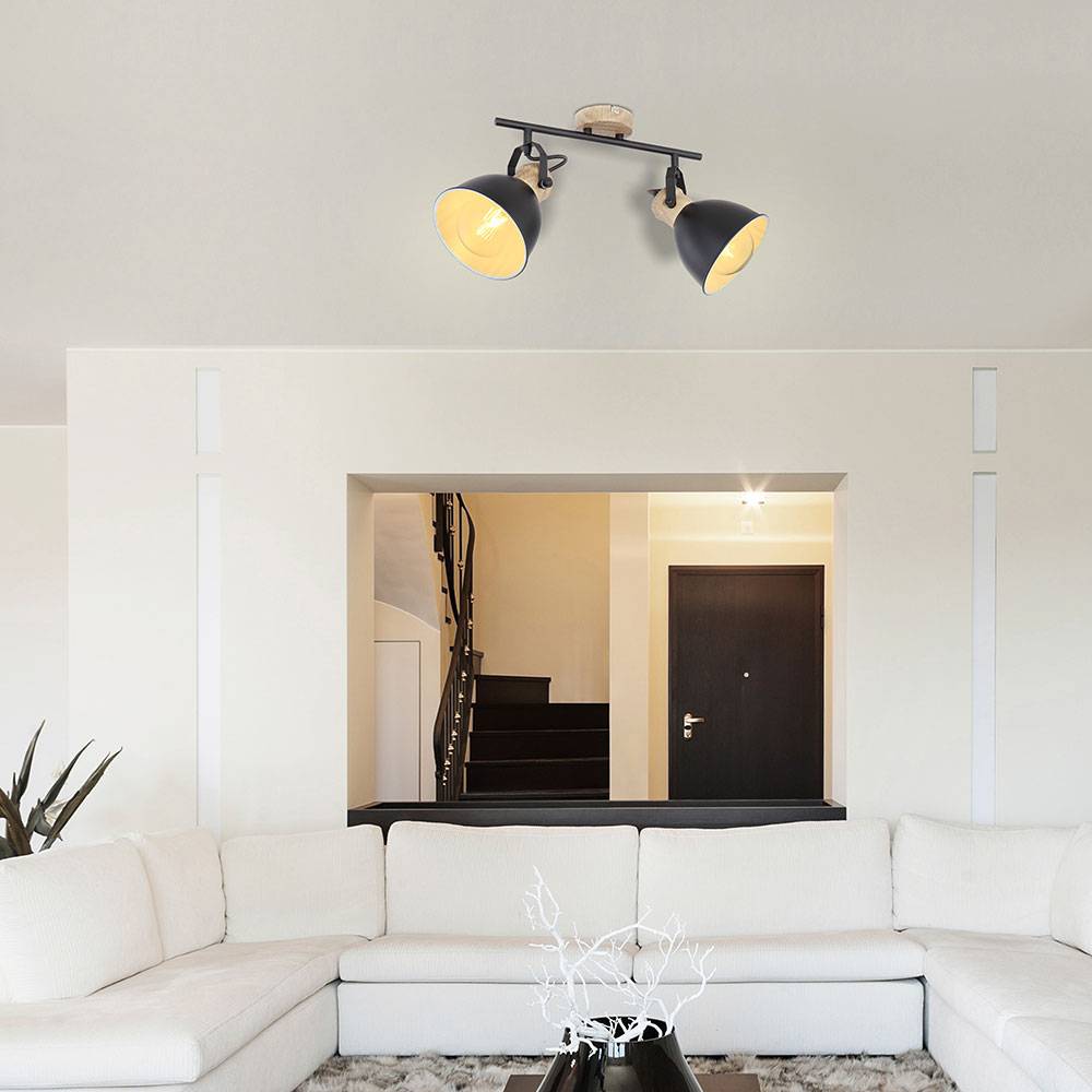 Vintage Deckenlampe Deckenleuchte dimmbar mit Fernbedienung LED Deckenstrahler, RGB Farbwechsel, Spots verstellbar, Holz Optik, Metall schwarz