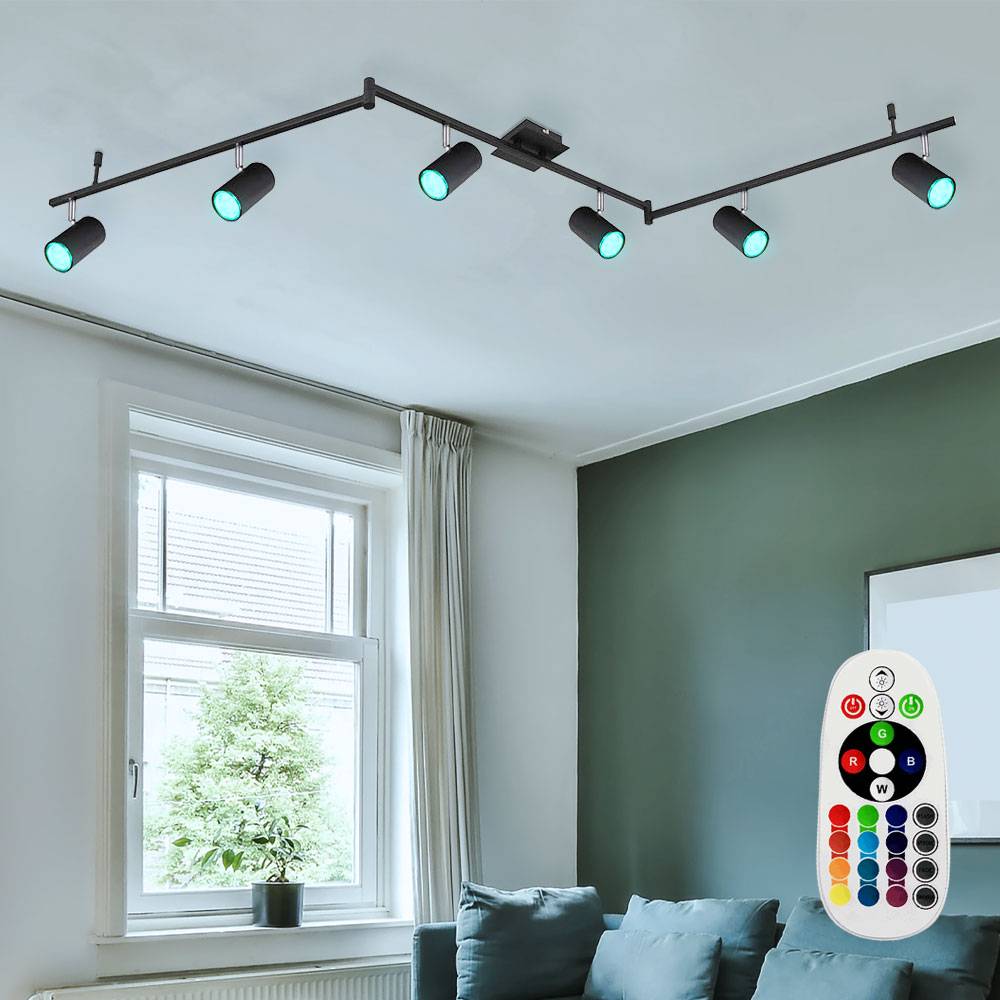 Deckenstrahler 6 flammig Spotleiste Fernbedienung Deckenleuchte Deckenlampe schwarz Metall, Spots flexibel, 6x RGB LED 3,5W 290Lm, LxBxH