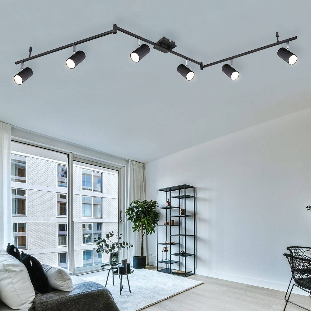 Deckenstrahler 6 flammig Spotleiste Deckenleuchte Deckenlampe schwarz Metall, verstellbare Lampenarme und Spots, 6x Gu10, LxBxH 180x10x18,5 cm