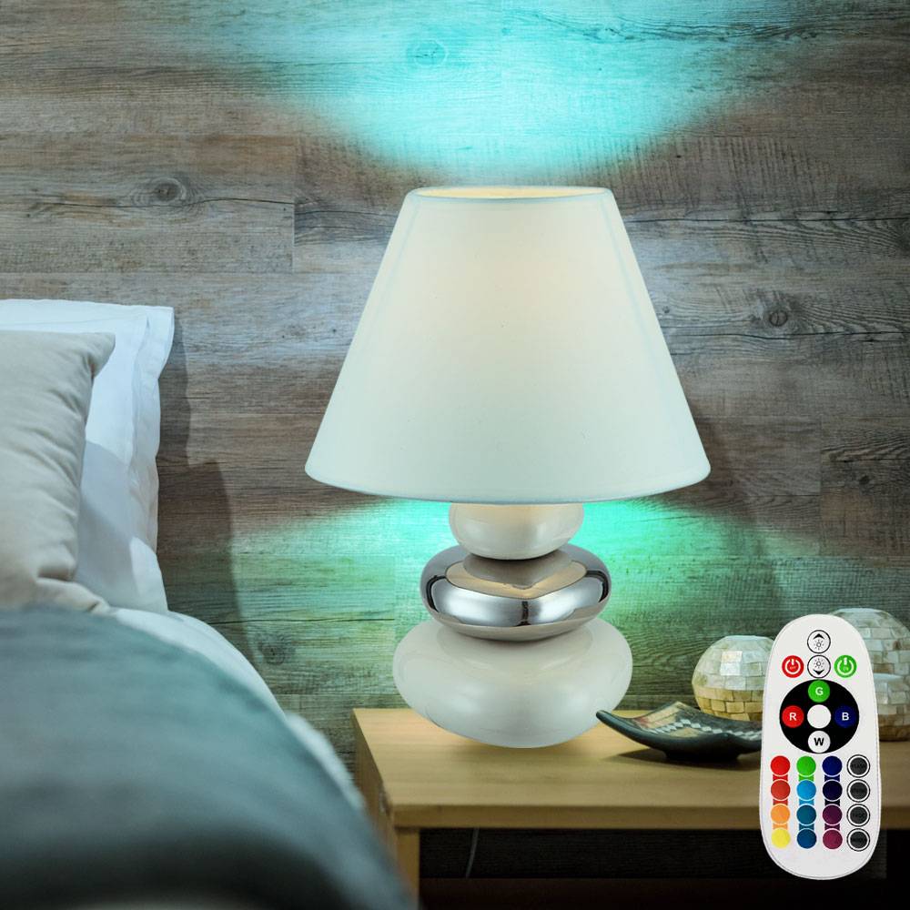 Tischleuchte Keramik beige Wohnzimmerlampe Tischlampe Nachttischlampe Keramik, Textil chrom, Fernbedienung dimmbar, 1x RGB LED 9W 806Lm, DxH 18x24
