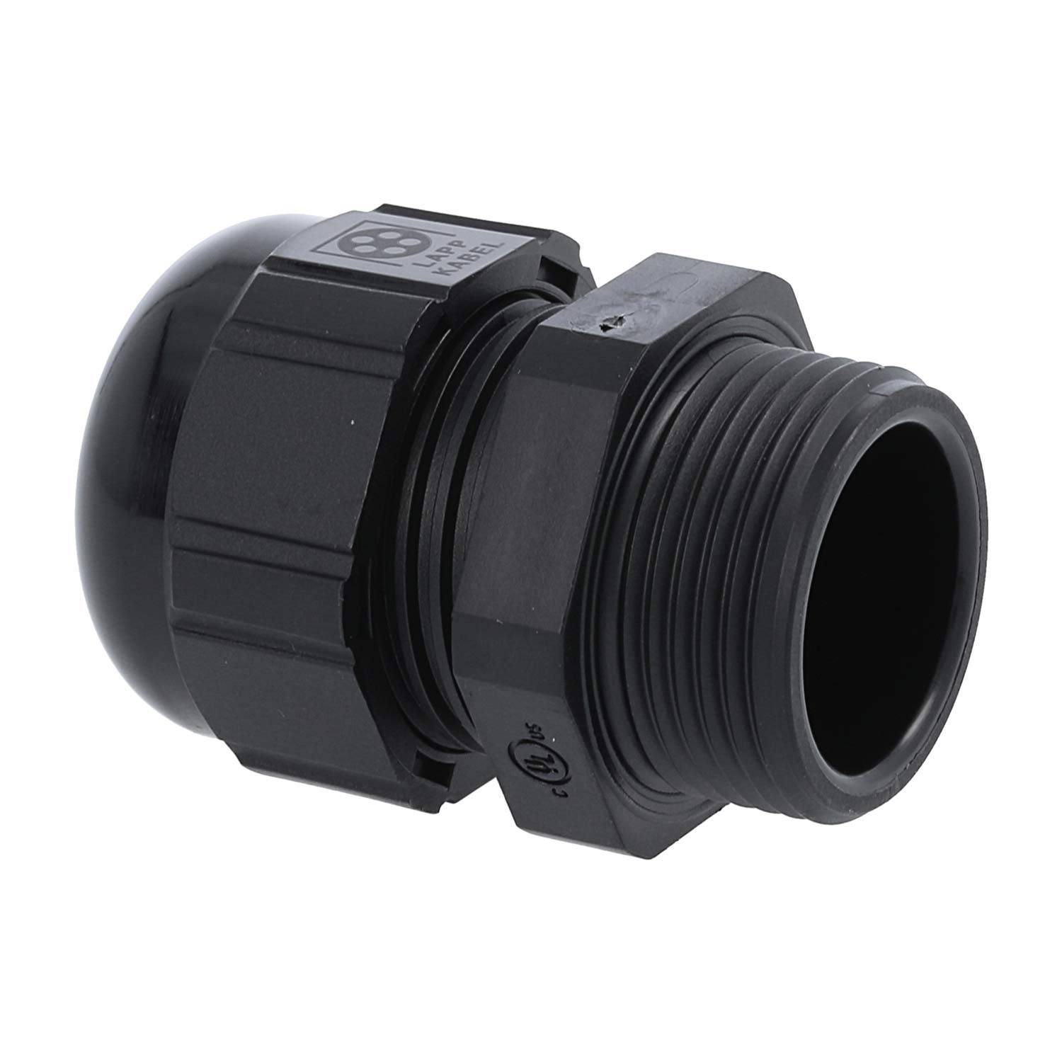 Schwarze Kabeleinführung mit Gewinde zum Sichern von Kabeln, mit sechskantiger Mutter und kugelförmigem Ende für Elektrogehäuse.