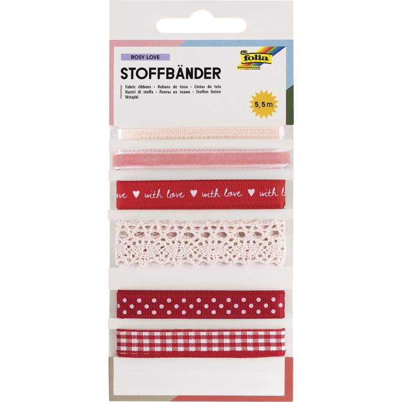 Paket mit assortiertem rosa und rot Bändern und Spitzenborten mit der Aufschrift 'ROSY LOVE' und 'STOFFBÄNDER', 5,5 m Gesamtlänge.