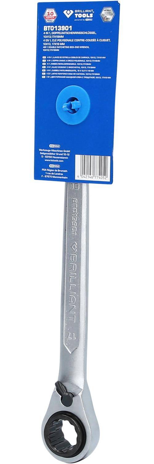 Brilliant Tools 4in1, Doppel-Ratschenringschlüssel, 10 x 13, 17 x 19