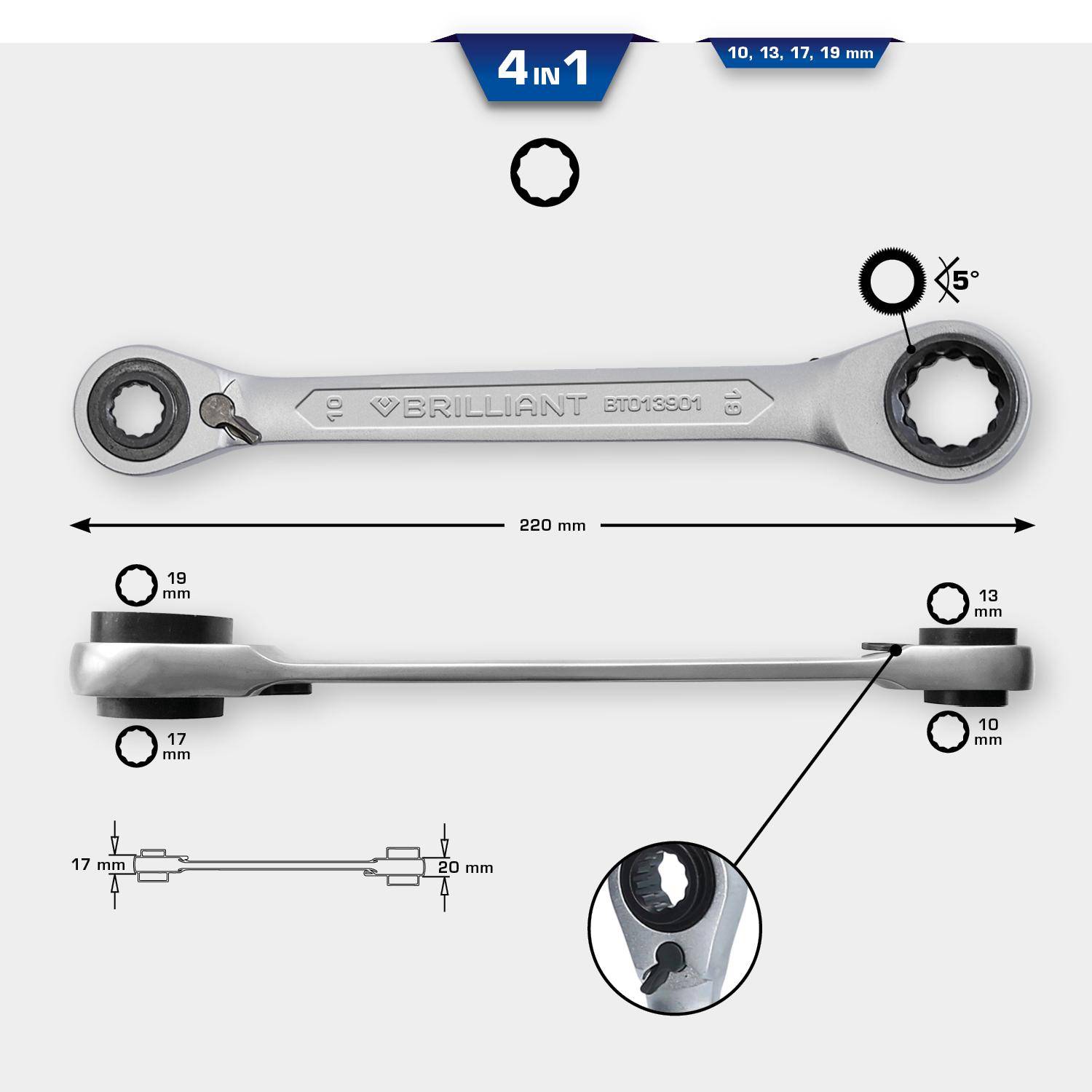 Brilliant Tools 4in1, Doppel-Ratschenringschlssel, 10 x 13, 17 x 19 mm