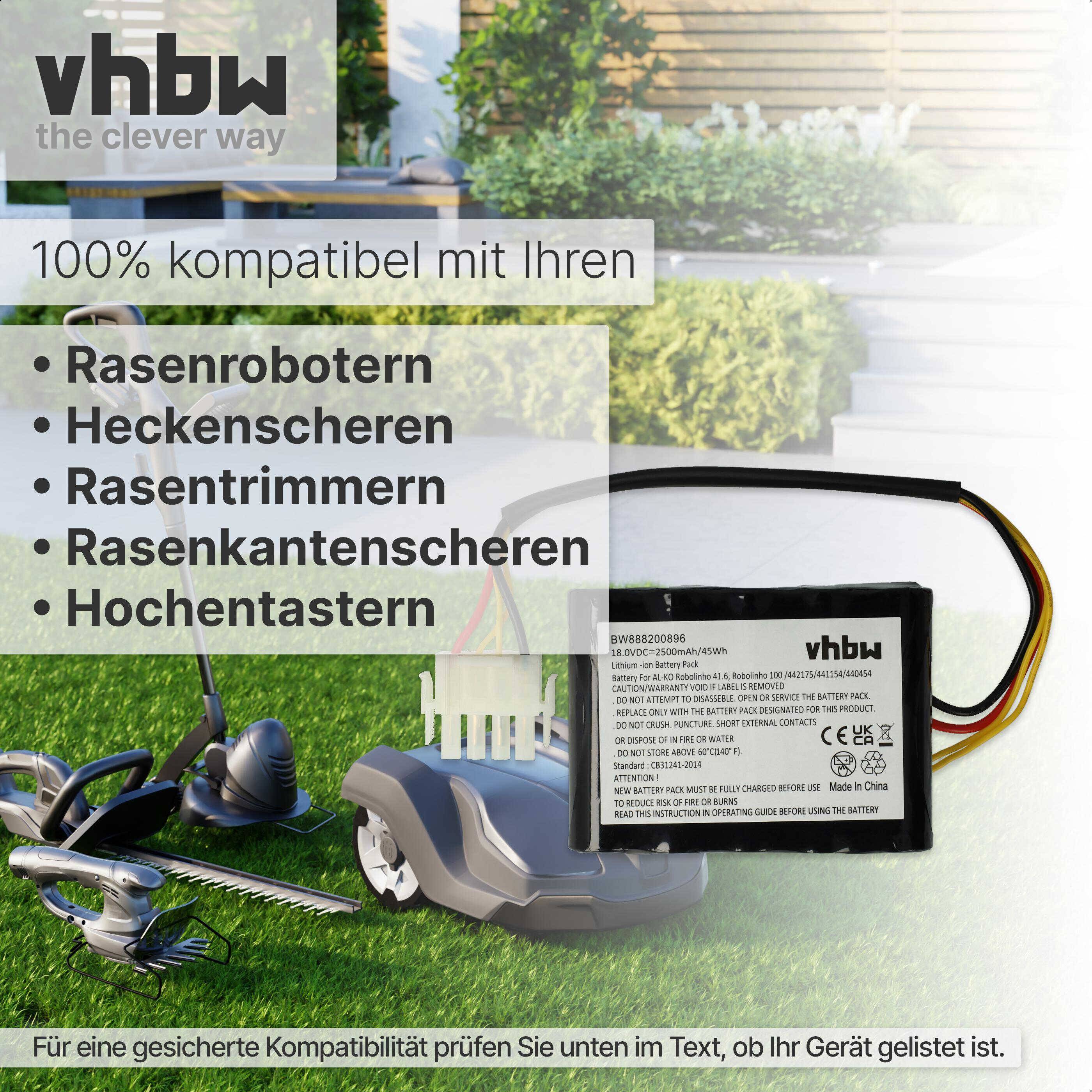 vhbw 1x Akku kompatibel mit AL-KO Robolinho 700 I, 550 W, 800 W, 700 W, 822 W, 500 I, 500 W, 500 IW Rasenmäher (2500mAh, 18V, Li-Ion)