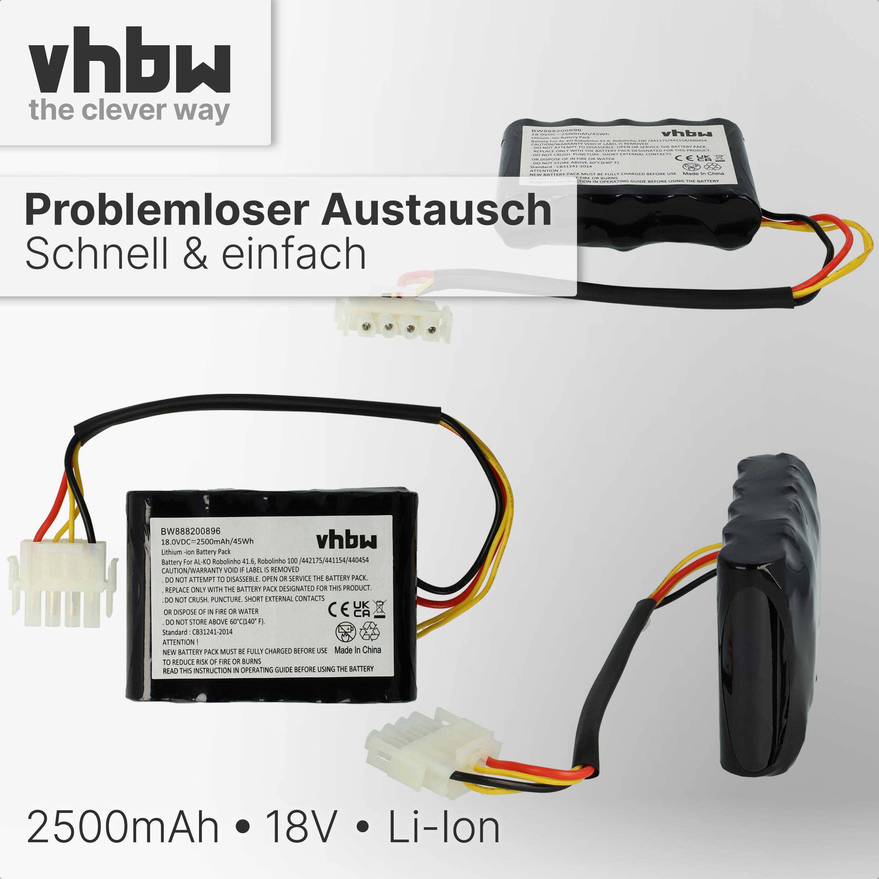 vhbw Akku kompatibel mit AL-KO Robolinho 41.6, 100, 110 Rasenroboter Rasenmäher (2500mAh, 18V, Li-Ion)