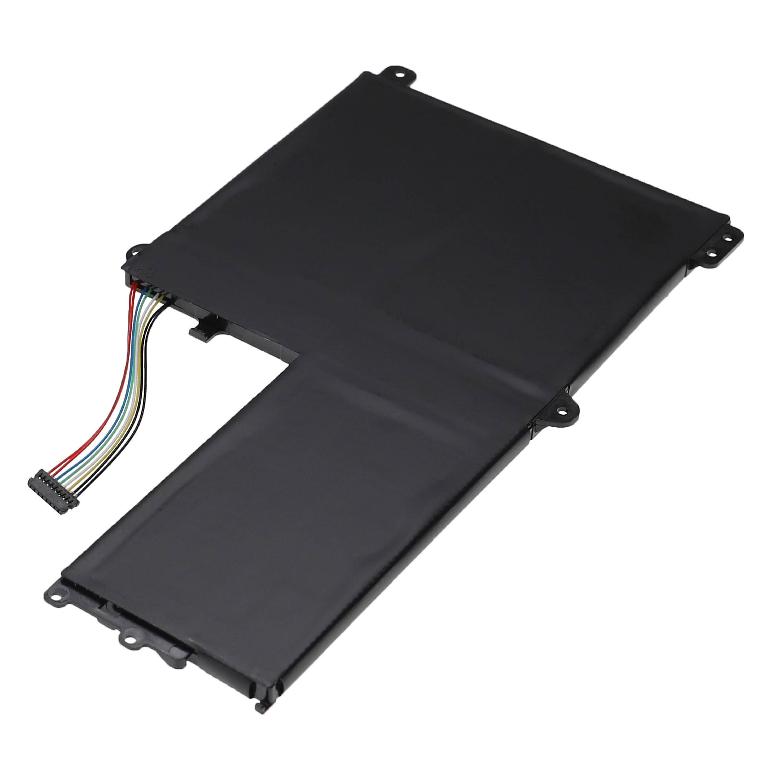 Rechteckige Laptop-Batterie mit schwarzem Gehäuse und mehrfarbigem Stecker-Kabel oben links.