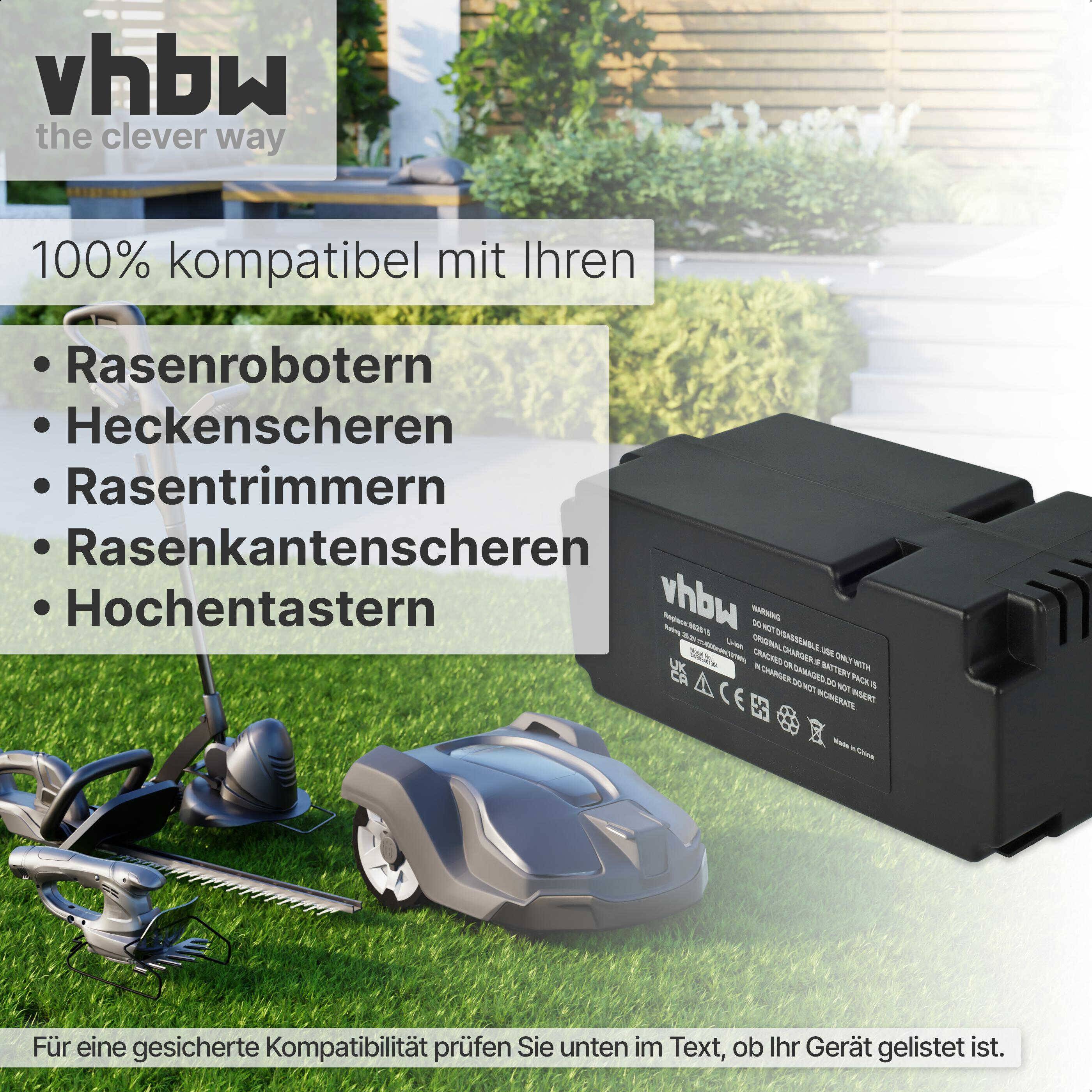 Eine schwarze vhbw Batterie kompatibel mit Rasenmährobotern, Heckenscheren, Grastrimmern und Kantentrimmern auf einem Gartenhintergrund.