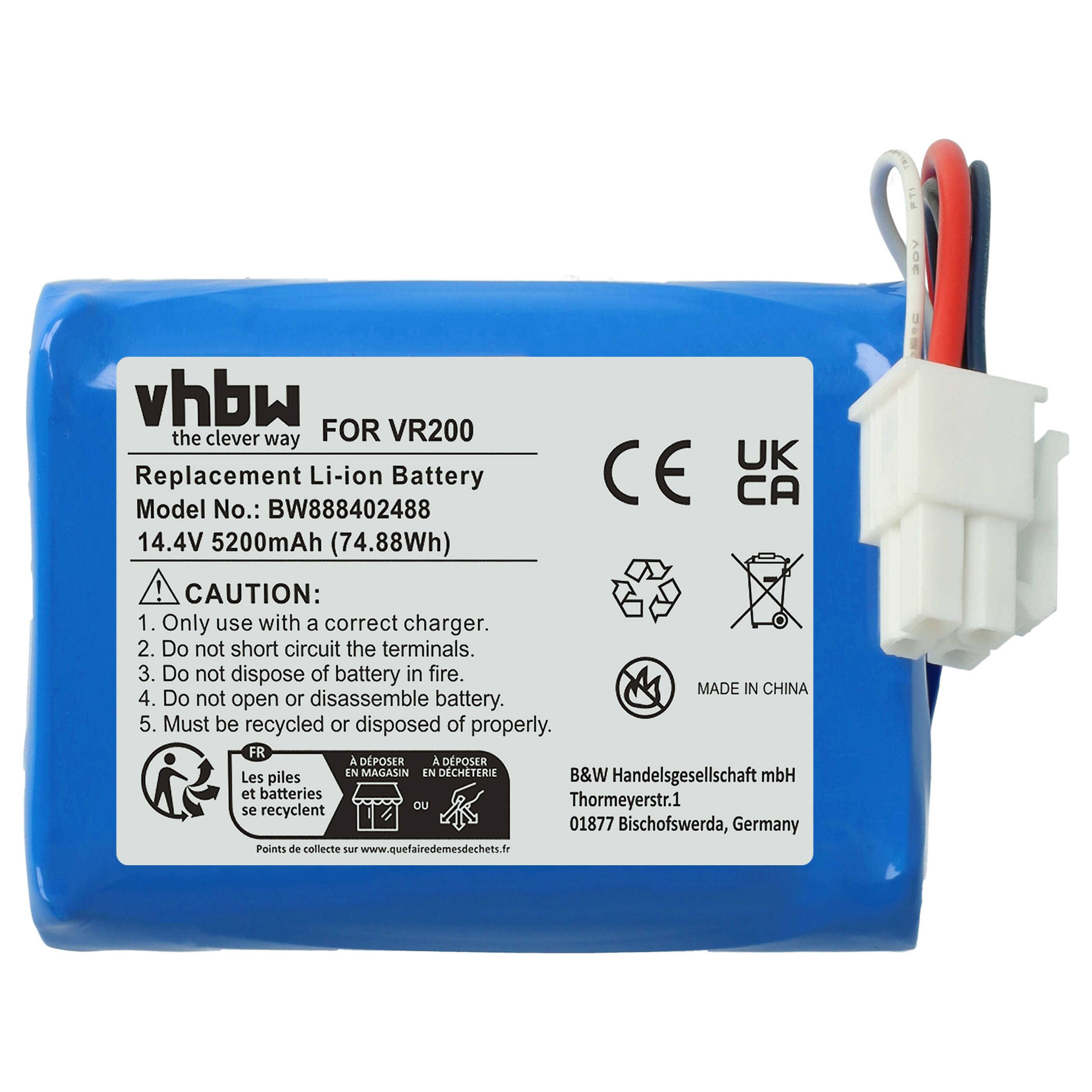 Blaue Ersatz-Lithium-Ionen-Batterie für VR200, Modell BW888042488, 14,4V 5200mAh. Warnsymbole und Vorsichtshinweise aufgedruckt.