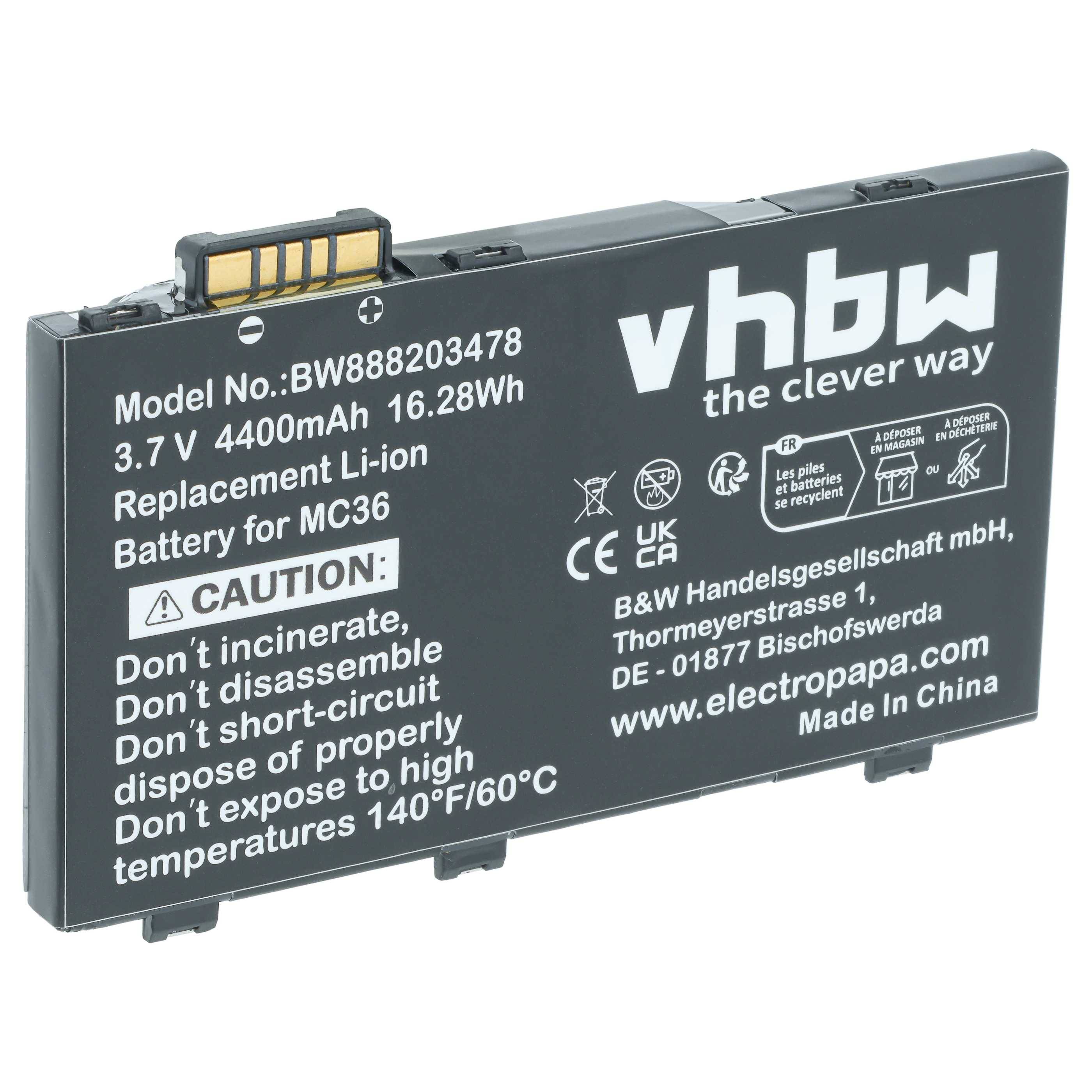 Schwarze VHBW Ersatz-Lithium-Ionen-Batterie für MC36, gekennzeichnet mit 3,7V 4400mAh 16,28Wh mit Warn- und Entsorgungshinweisen.