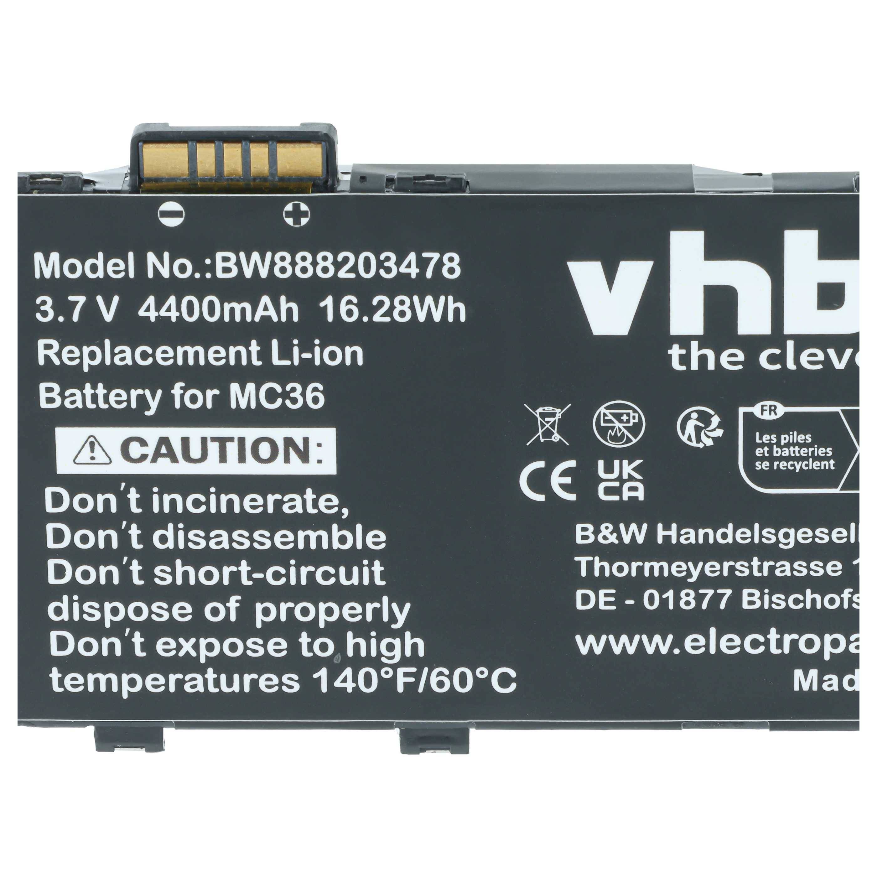 Schwarzer Austausch-Lithium-Ionen-Akku-Etikett für MC36, mit Modellnummer BW88203478, 3,7V 4400mAh 16,28Wh, Marke 'vhb' und Sicherheitswarnungen.