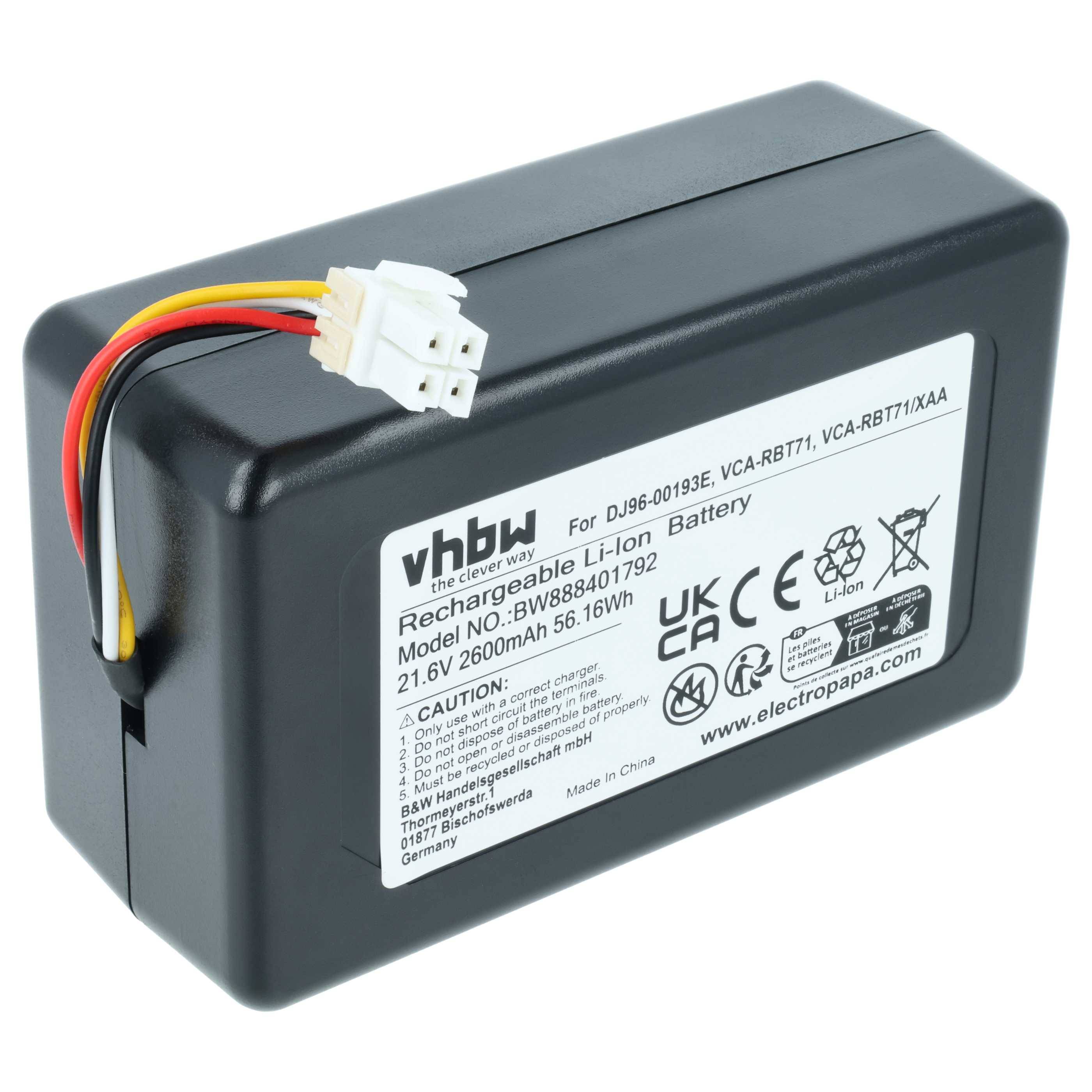 vhbw Akku kompatibel mit Samsung Powerbot SR20J9020U, SR20J9040W, SR10M703PWG, SR1GM7020UG Saugroboter Schwarz (2600 mAh, 21,6 V, Li-Ion)