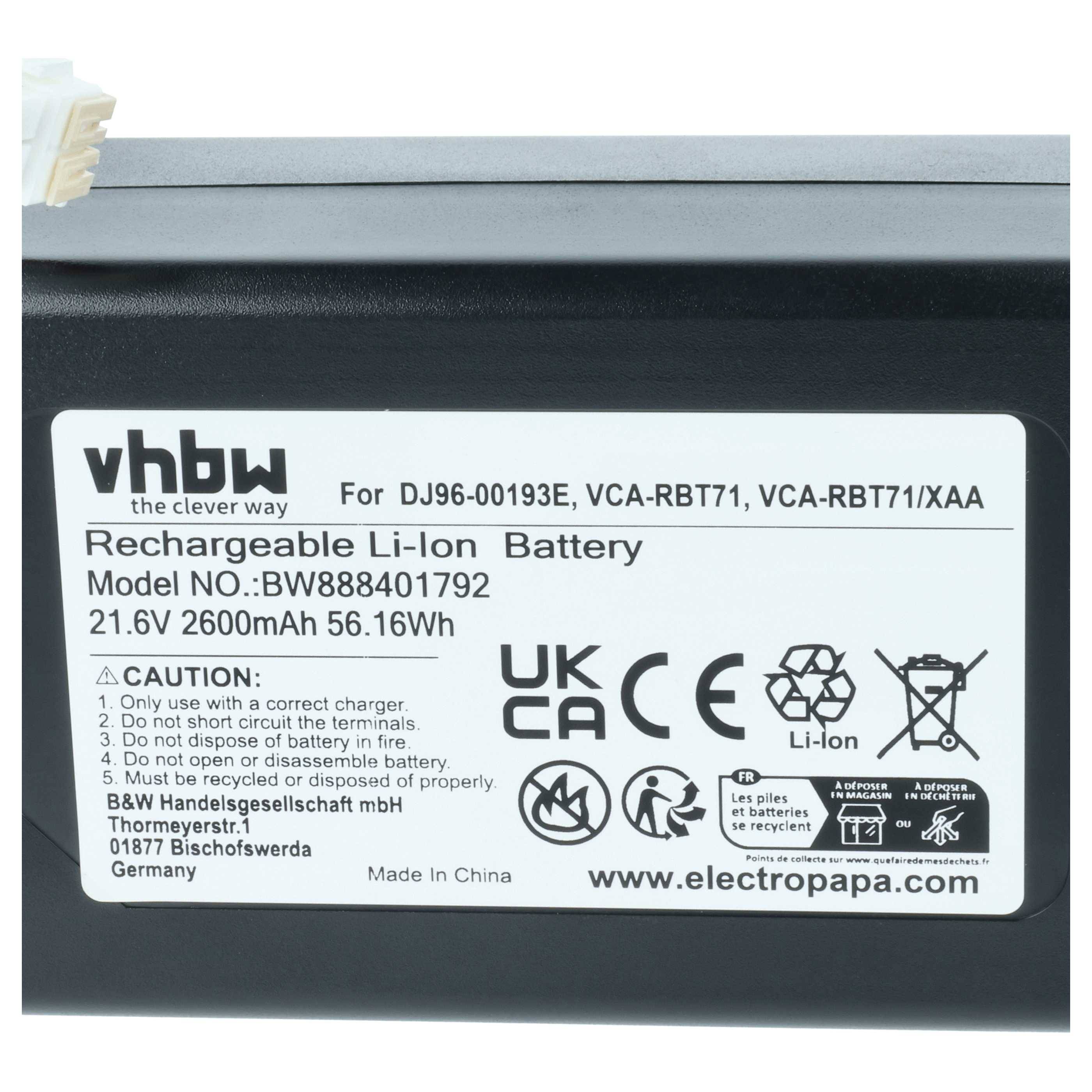 vhbw Akku Ersatz für Samsung VCA-RBT71/XAA für Saugroboter Schwarz (2600 mAh, 21,6 V, Li-Ion)