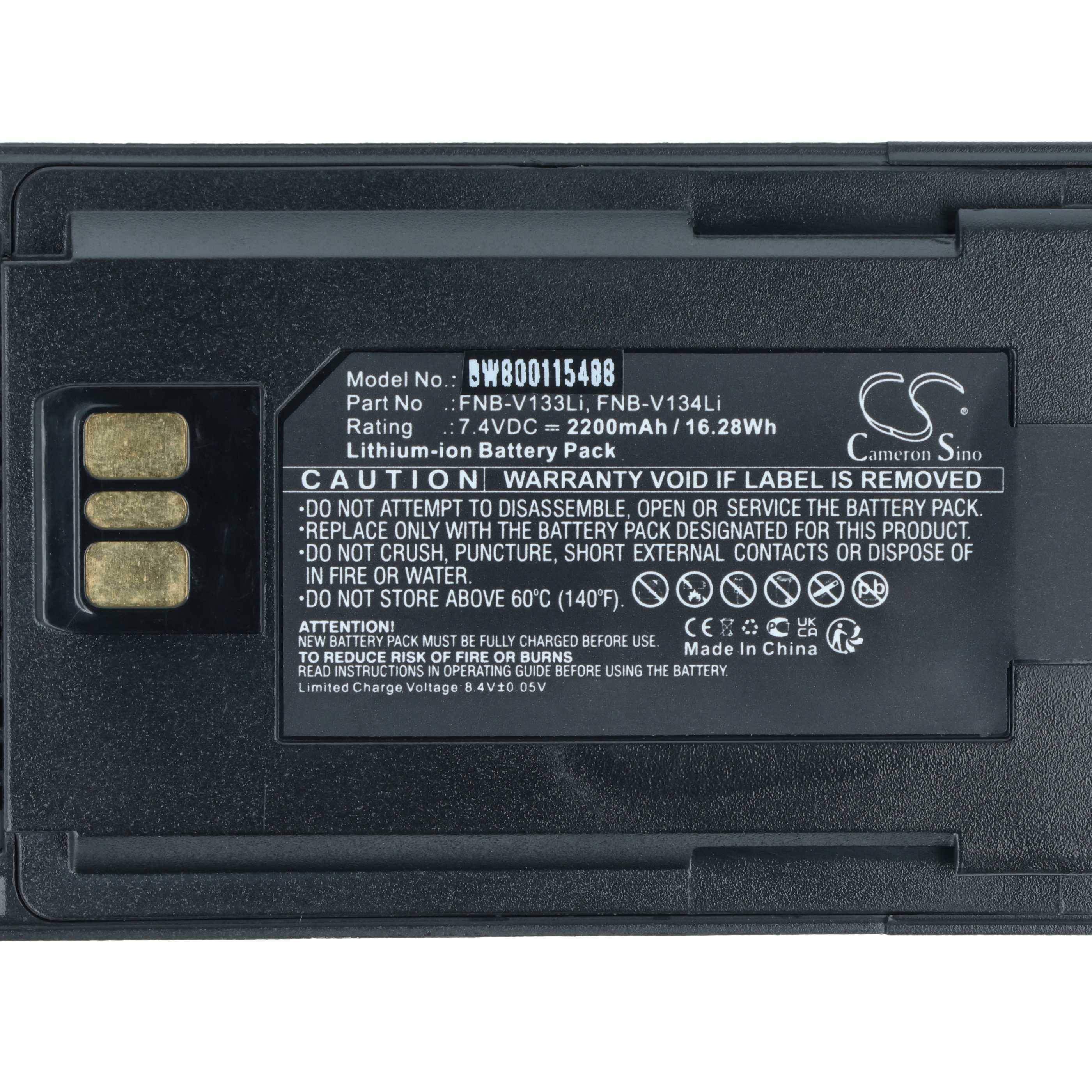 Lithium-Ionen-Akkupack-Etikett mit Modellnummer BW800115448, Teilenummern FNB-V133LI/FNB-V134LI, 7,4 VDC, 2200 mAh/16,28 Wh. Vorsicht: Brandgefahr, nicht zerlegen, ordnungsgemäße Entsorgung beachten.