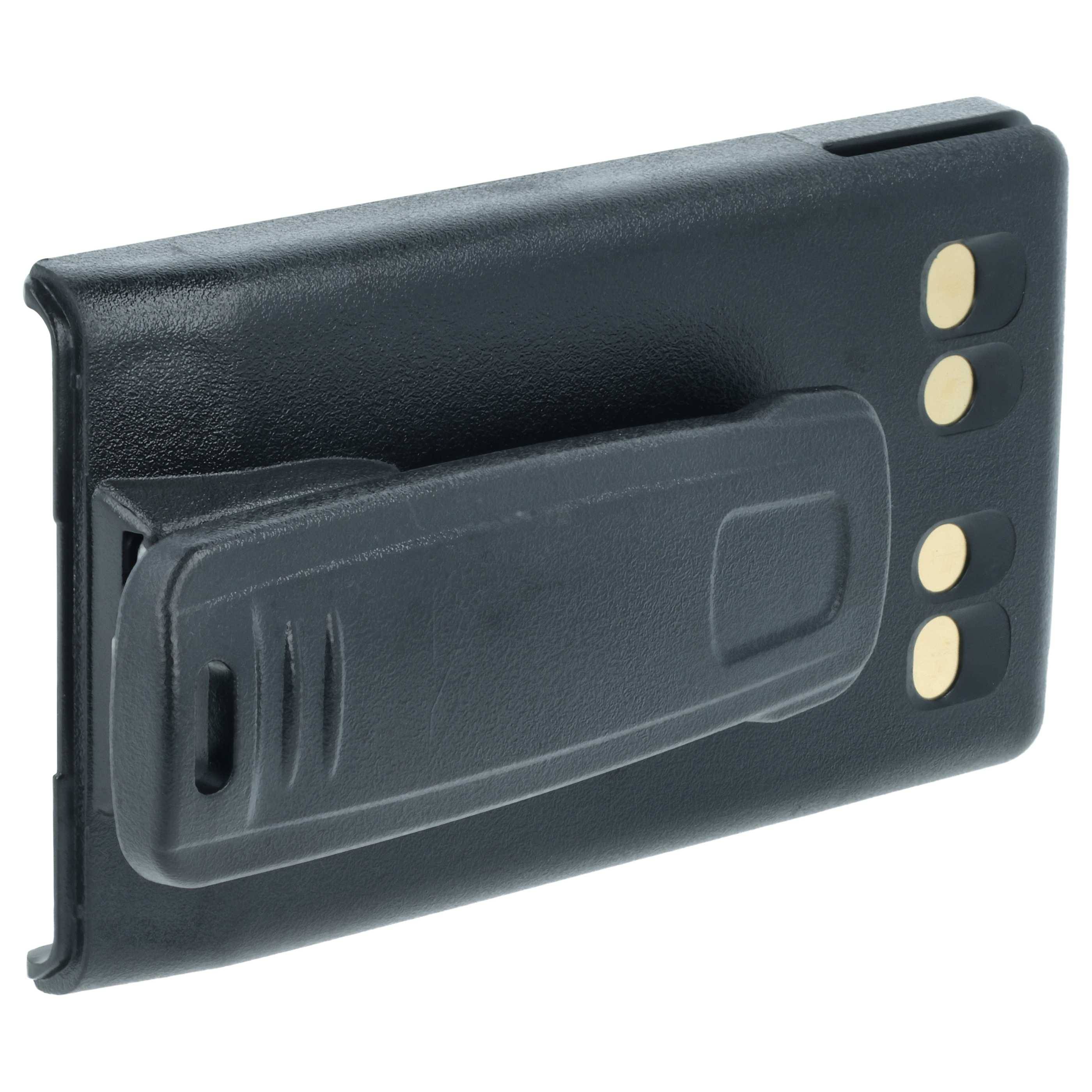 Ein schwarzer Gürtelclip-Halter mit drei goldfarbenen Kontaktpunkten, die an der Seite sichtbar sind.