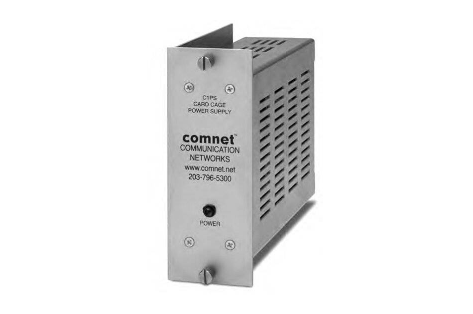 Vorderansicht eines Comnet-Kartengestell-Stromversorgungsmoduls, eine graue Metalleinheit mit der Aufschrift 