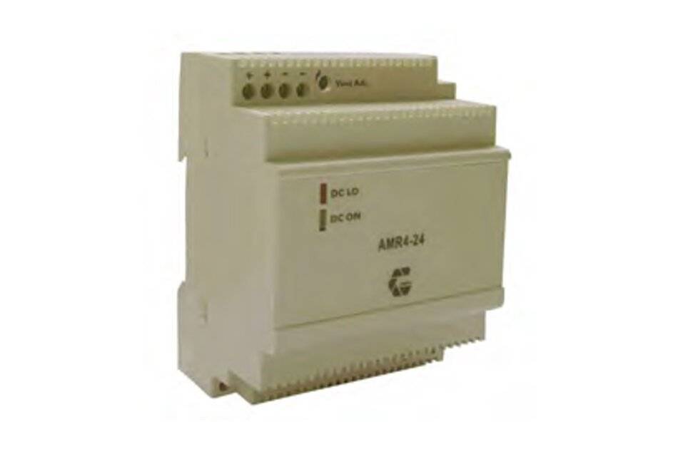 Weiße Elektrosteuerermodule mit Anschlussöffnungen und Statusanzeigen mit den Bezeichnungen „DC LO