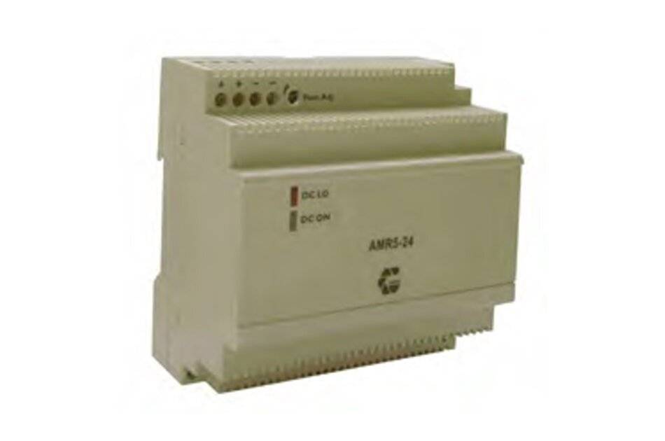 Beiges Industrie-Elektronik-Steuermodul mit Anzeigelampen und Schraubklemmen auf weißem Hintergrund.