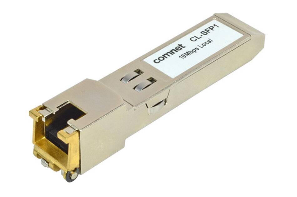 Ein rechteckiges SFP-Transceiver-Modul mit einer Beschriftung, die 