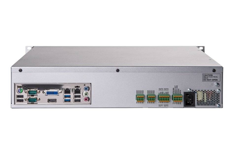Rückansicht eines Rack-Mount-Computers/Servers mit mehreren Ein-/Ausgabeanschlüssen, Audiobuchsen, USB- und Ethernet-Anschlüssen sowie einer Stromeinspeisung.