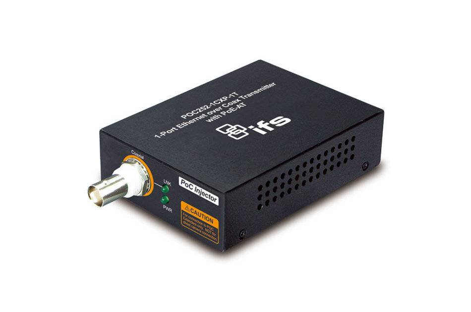Schwarze ITS-PoE-Injektorbox mit Koax- und Ethernet-Anschlüssen auf weißem Hintergrund, beschriftet mit 