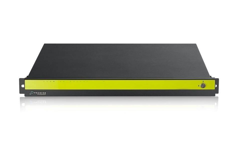 Ein schwarzes elektronisches Gerät mit einem grünen Frontpanel, möglicherweise ein Netzwerk-Switch oder Router, mit Anzeigelampen.