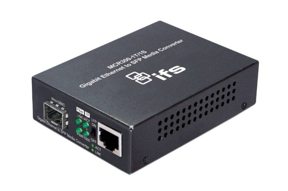 Schwarze IFS-Gigabit-Ethernet-auf-SFP-Medienkonverter-Box mit RJ45- und SFP-Anschlüssen sowie Status-LEDs.