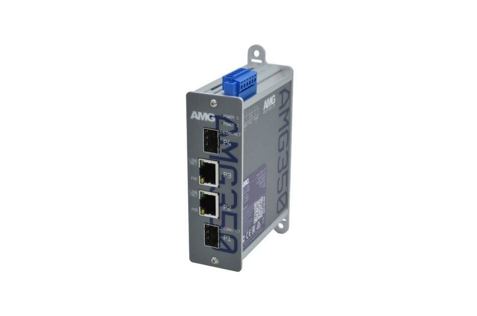 Ein kompaktes Netzwerkgerät mit der Bezeichnung 'AMG3350', ausgestattet mit zwei Ethernet-Ports und zwei SFP-Steckplätzen, entwickelt für Konnektivität in der industriellen Automatisierung.