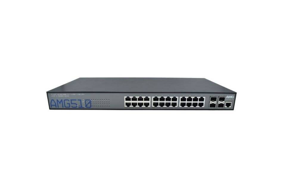 Netzwerkswitch mit 24 Ethernet-Ports und 2 Glasfaser-SFP-Ports, mit der Bezeichnung 'AMG510', verwendet zum Verbinden mehrerer Geräte in einem lokalen Netzwerk (LAN).