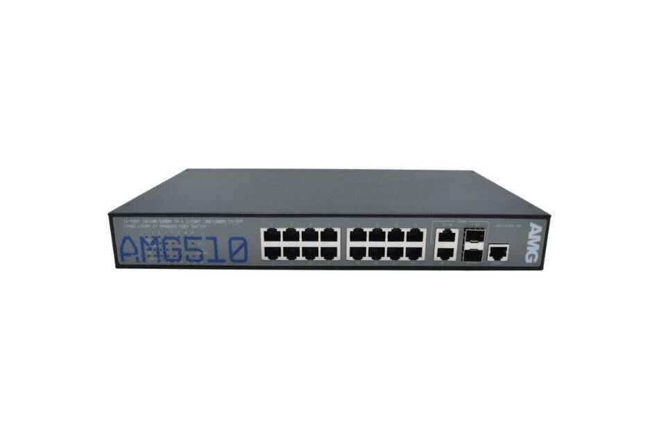 Netzwerk-Switch mit 24 Ethernet-Ports, gekennzeichnet als 'AMG6510'.