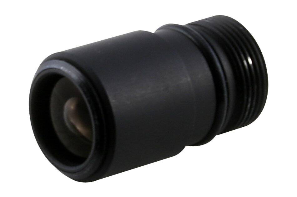 Ein Nahaufnahmebild eines schwarzen Kameraobjektivs, das das Objektivrohr und das vordere Element zeigt. Das Objektiv ist zylindrisch und überwiegend dunkel in seiner Farbe.