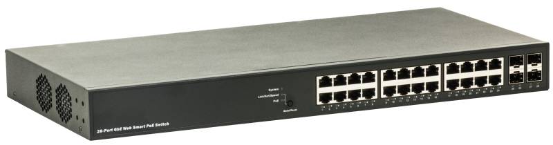 Frontansicht eines 24-Port-Rackmount-Ethernet-Netzwerk-Switches mit Belüftungslöchern, Status-LEDs und zwei Reihen von RJ45-Anschlüssen auf einem schwarzen Metallgehäuse.