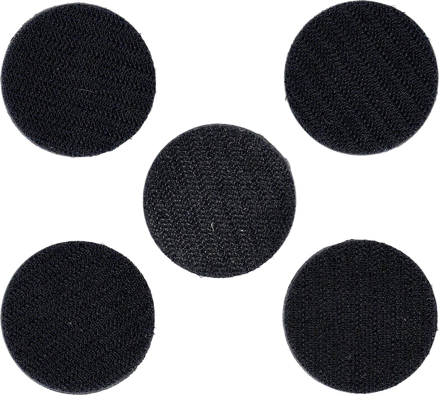 Fünf schwarze runde Klettkreise, die auf einem weißen Hintergrund angeordnet sind und üblicherweise zum Befestigen oder Sichern von Gegenständen verwendet werden.