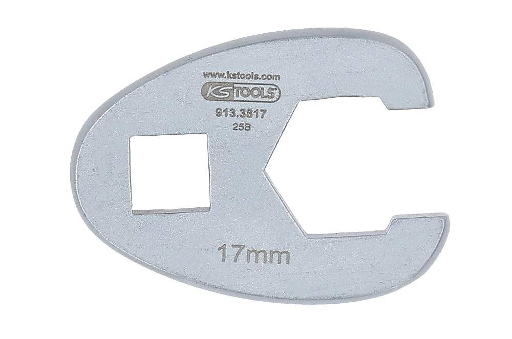 Sperrkopf mit offener Gabel und Markierung '17 mm', mit quadratischer und abgewinkelter Öffnung zum Greifen von Muttern und Schrauben.