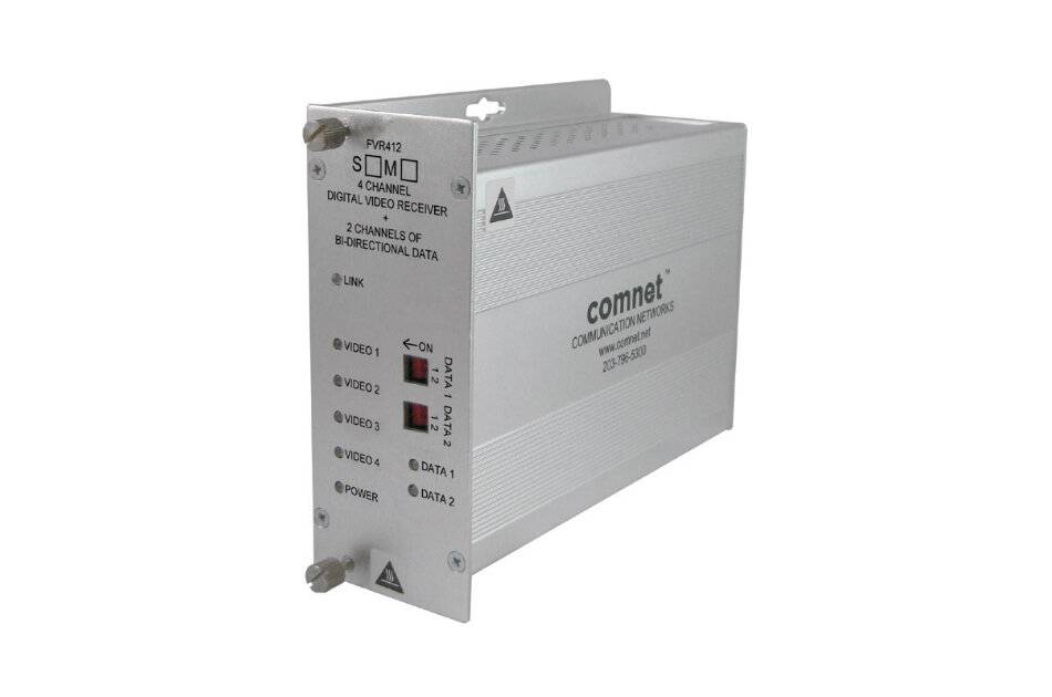 Silver ComNet SMD4 4-Kanal-Digitalvideoempfängermodul mit LED-Statusanzeigen an der Vorderseite und Anschlüssen, isoliert auf weißem Hintergrund dargestellt.