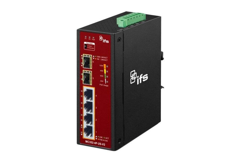 IFS MC352-4P-2S-V2, Medienkonverter, Unmanaged, 4x RJ45, 2x SFP, 48VDC, PoE 30 W