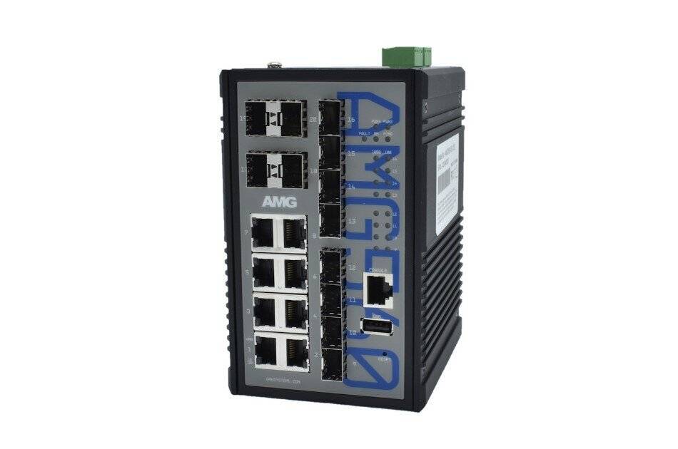 Ein schwarzer industrieller Netzwerkswitch mit mehreren Ethernet- und Glasfaseranschlüssen, mit der Aufschrift 