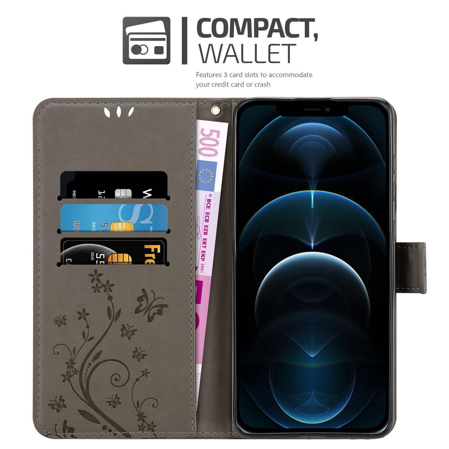Cadorabo Hülle für Apple iPhone 13 PRO Schutz Hülle in Grau Schutzhülle Handy Hülle Etui Case Blumen Flower