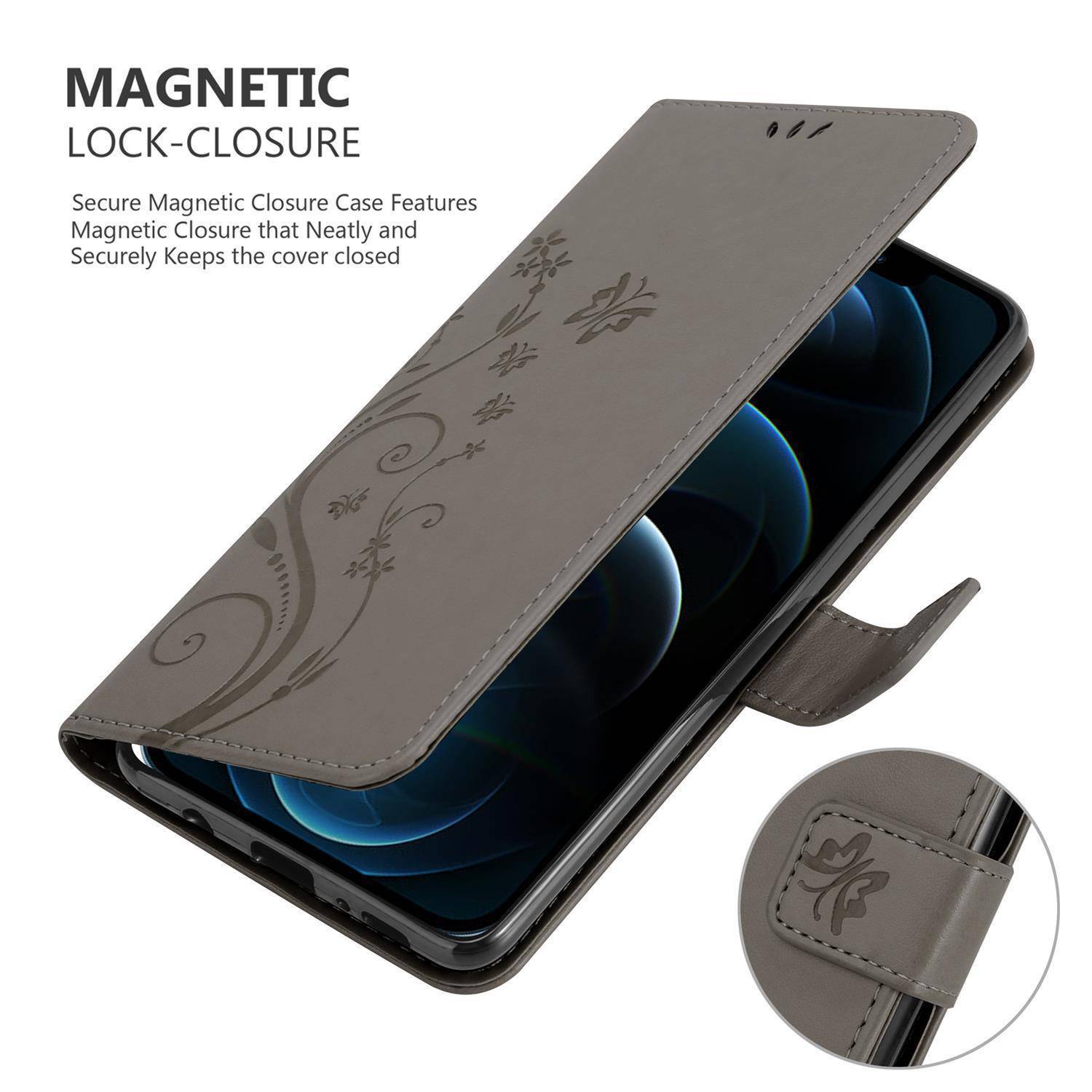 Cadorabo Hülle für Apple iPhone 13 PRO Schutz Hülle in Grau Schutzhülle Handy Hülle Etui Case Blumen Flower