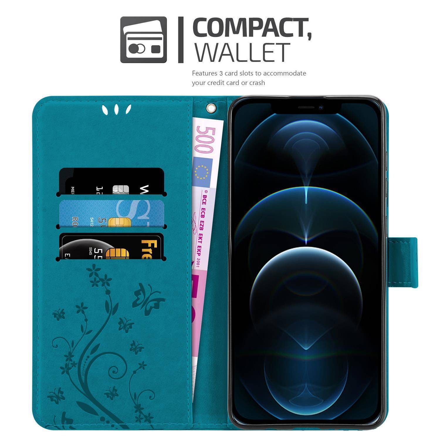 Cadorabo Hülle für Apple iPhone 13 PRO Schutz Hülle in Blau Schutzhülle Handy Hülle Etui Case Blumen Flower