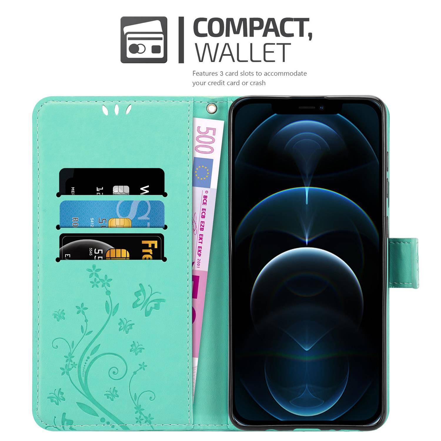 Cadorabo Hülle für Apple iPhone 13 PRO MAX Schutz Hülle in Türkis Schutzhülle Handy Hülle Etui Case Blumen Flower