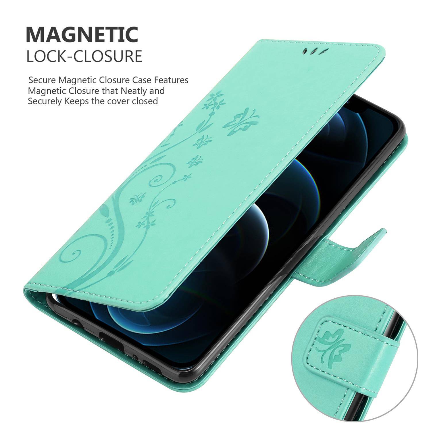 Cadorabo Hülle für Apple iPhone 13 PRO MAX Schutz Hülle in Türkis Schutzhülle Handy Hülle Etui Case Blumen Flower