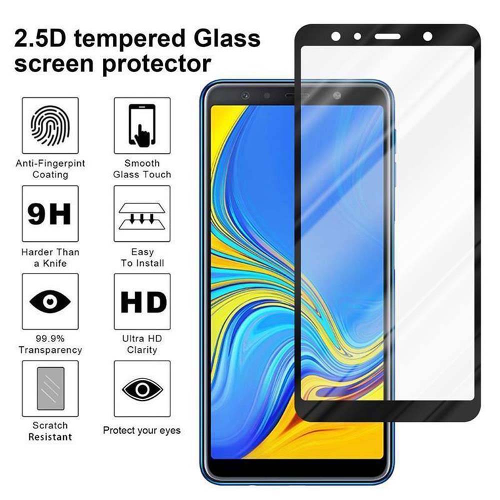 Cadorabo Vollbild Folie für Samsung Galaxy A7 2018 in TRANSPARENT mit SCHWARZ - Gehärtetes Display-Schutzglas (RETAIL PACKAGING)