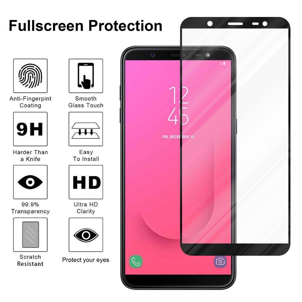 Cadorabo Vollbild Folie für Samsung Galaxy J8 2018 in TRANSPARENT mit SCHWARZ - Gehärtetes Display-Schutzglas (RETAIL PACKAGING)
