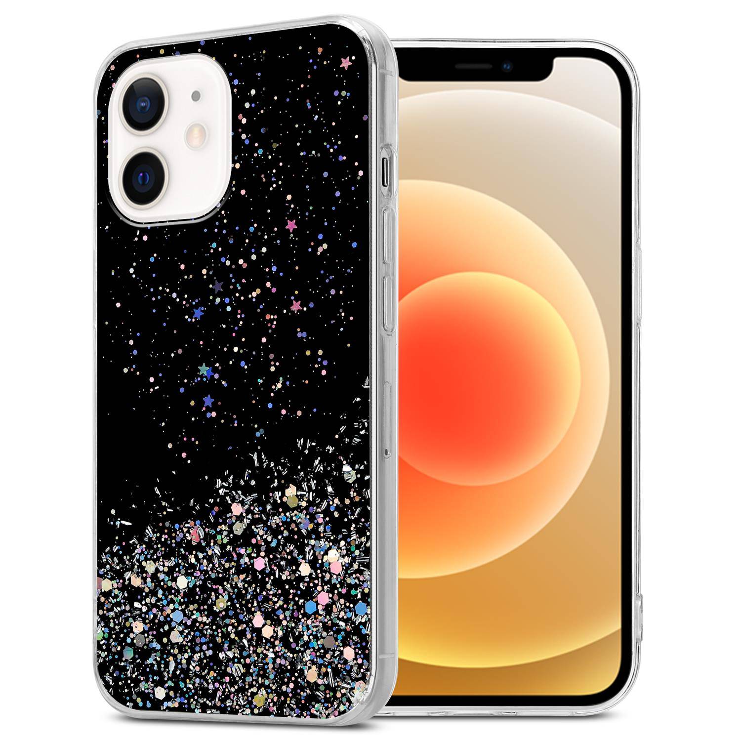Cadorabo Hülle für Apple iPhone 12 MINI Schutz Hülle in Schwarz Handyhülle TPU Etui Glitter Cover Case Glitzer