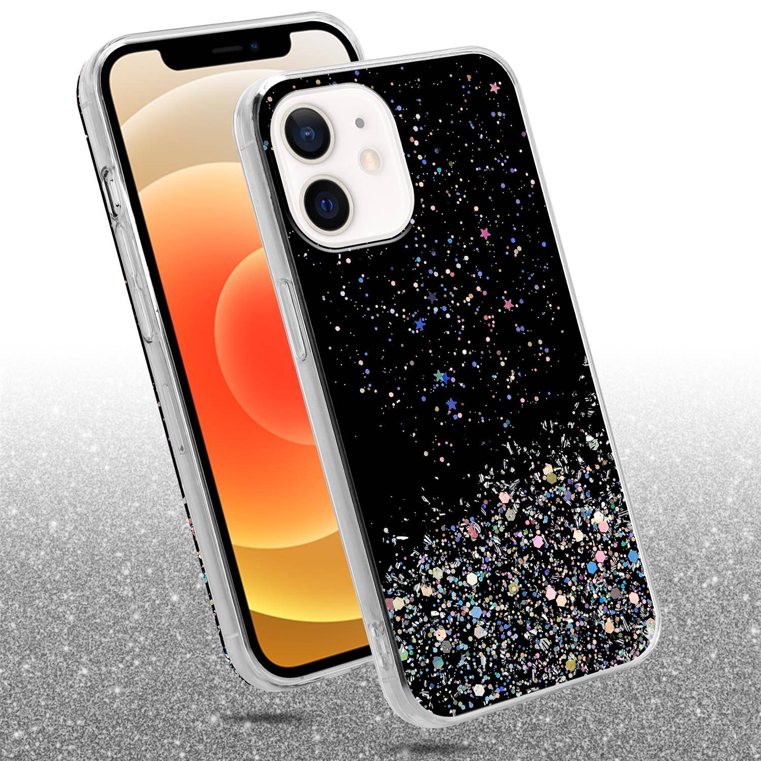 Cadorabo Hülle für Apple iPhone 12 MINI Schutz Hülle in Schwarz Handyhülle TPU Etui Glitter Cover Case Glitzer