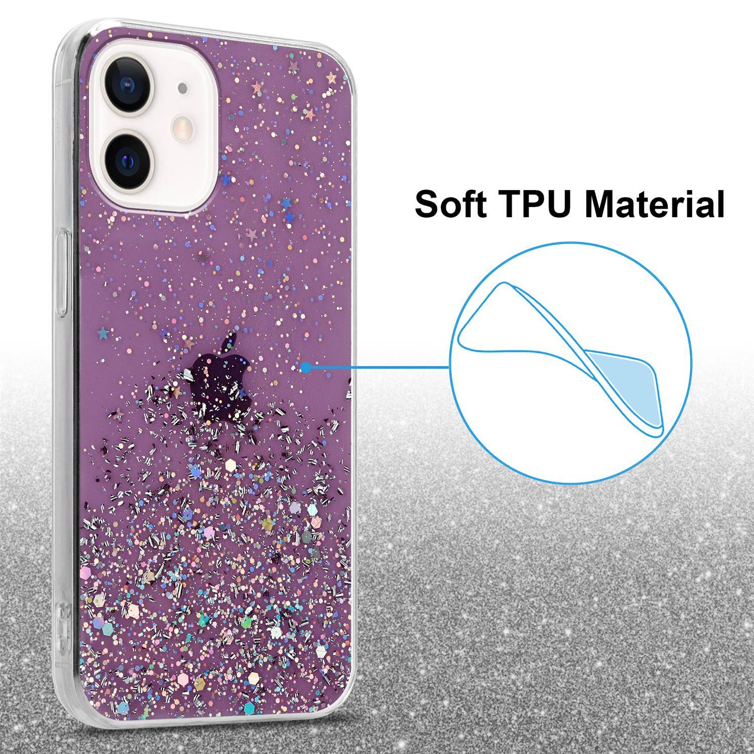 Cadorabo Hülle für Apple iPhone 12 MINI Schutz Hülle in Lila Handyhülle TPU Etui Glitter Cover Case Glitzer