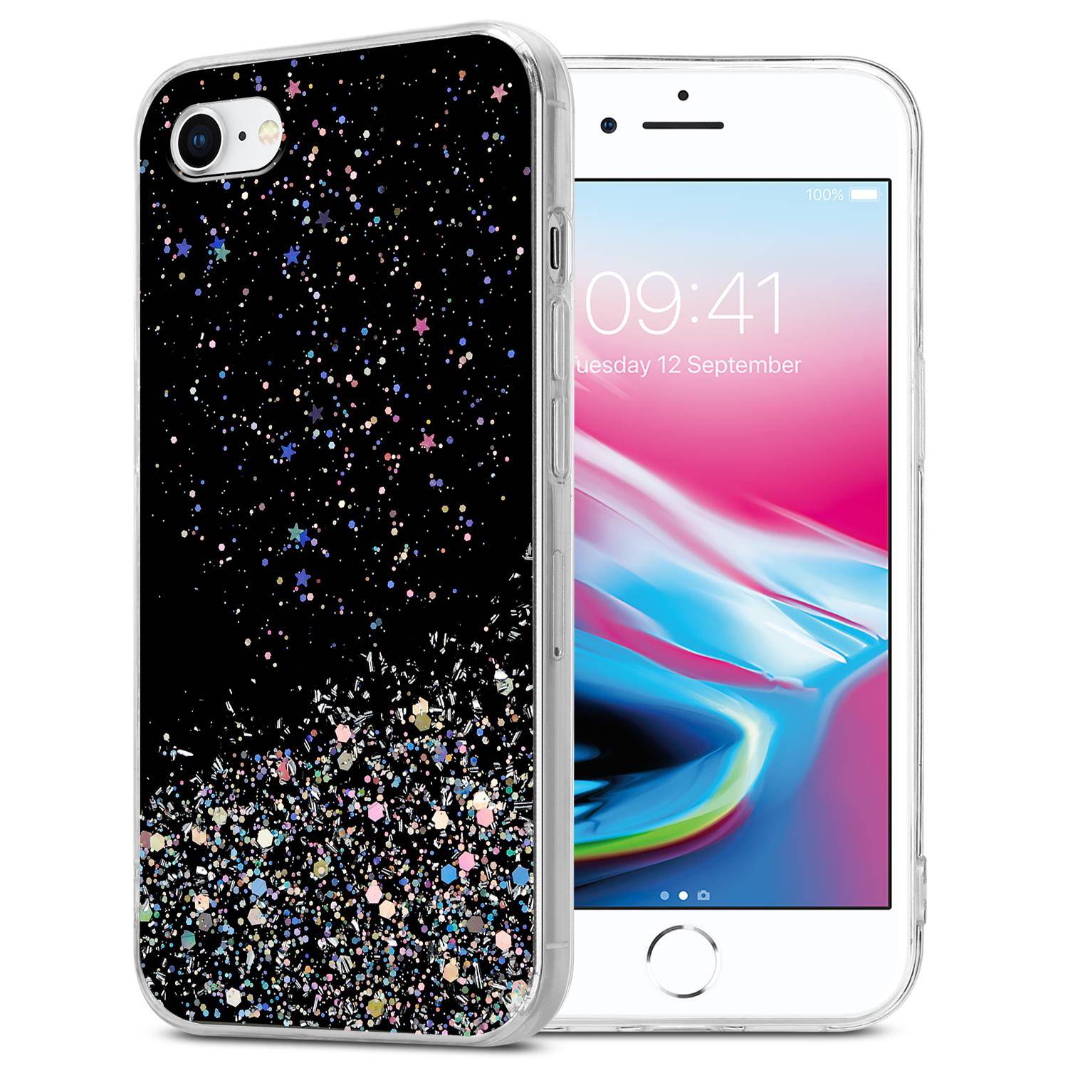 Cadorabo Hülle für Apple iPhone 7 / 7S / 8 / SE 2020 Schutz Hülle in Schwarz Handyhülle TPU Etui Glitter Cover Case