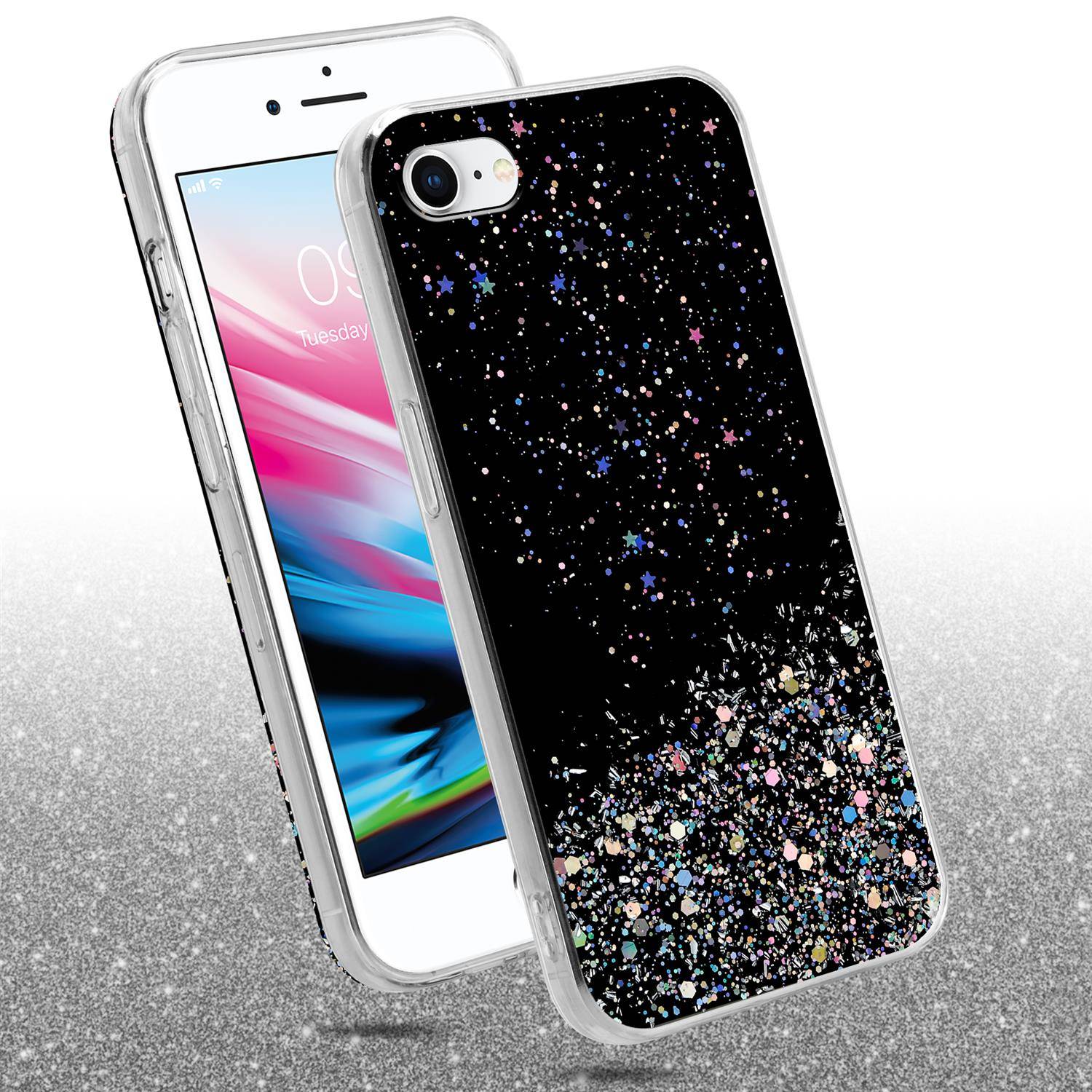 Cadorabo Hülle für Apple iPhone 7 / 7S / 8 / SE 2020 Schutz Hülle in Schwarz Handyhülle TPU Etui Glitter Cover Case